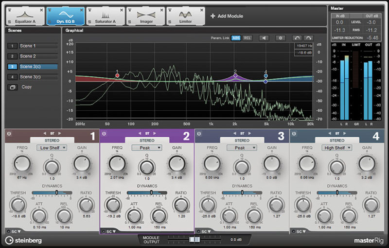 Il plug-in MasterRig con il modulo Limiter. La striscia in alto permette di attivare  fino a otto elaboratori del segnale contemporaneamente. Dalla colonna a sinistra  si attivano fino a quattro scene.