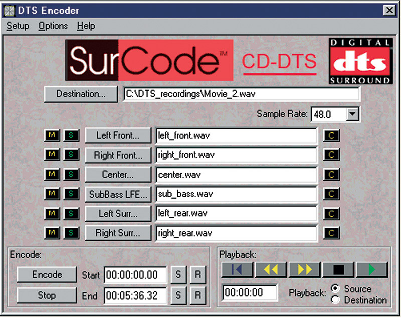 Figura 9. Il programma di codifica DTS software per la realizzazione di CD DTS multicanale.