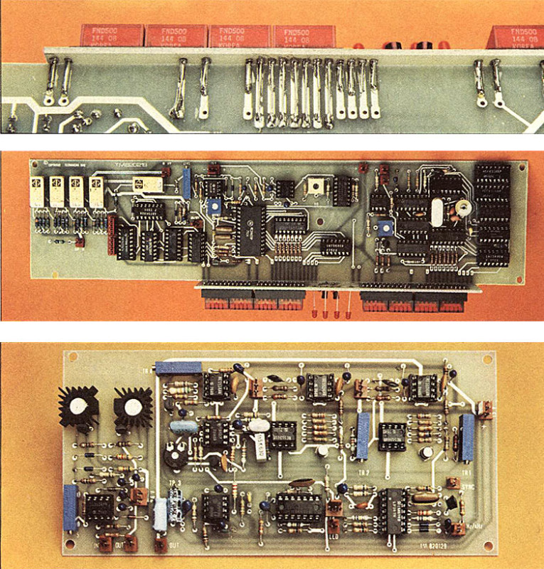 Figura 6 - Piano di montaggio e circuiti stampati in scala 1:1.4 della scheda frequenzime tro/voltmetro. A destra i circuiti stampati del palmellino dei display in scala 1:1.