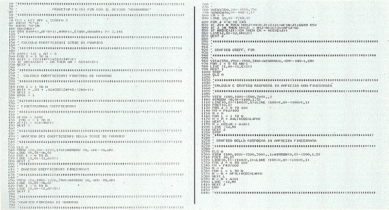 Figura 14 - Listato del programma in basic per IBM-compatibili per la ricerca dei coefficienti di un filtro F.l.R. con il metodo della finestratura, tratto da «Musica digitale» di L. Del Duca.