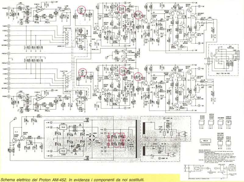 Schema elettrico del Proton AM-452. In evidenza i componenti da noi sostituiti. 