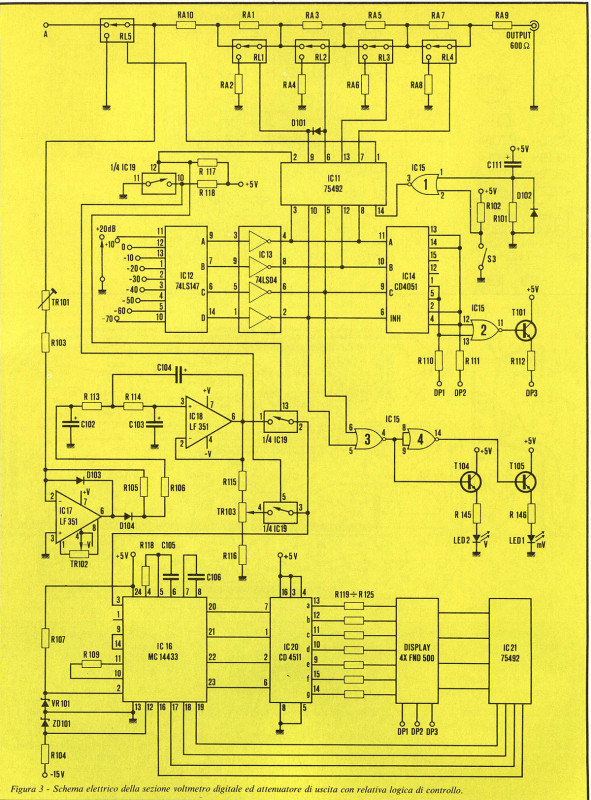 Figura 3 - Schema elettrico della sezione voltmetro digitale ed attenuatore di uscita con relativa logica di controllo.