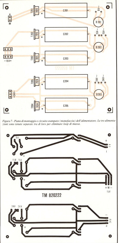 Figura 7 - Piano di montaggio e circuito stampato (mono/accia) dell'alimentatore. Le tre alimenta rioni sono tenute separate tra di loro per eliminare loop di massa.